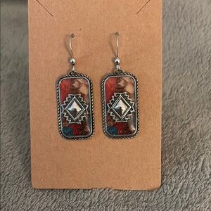 Silver and Red Geometric Earrings